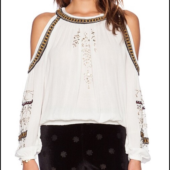 Free People Tops - Free People Ivory Beaded Give Him The Cold Shoulder Blouse Size Medium